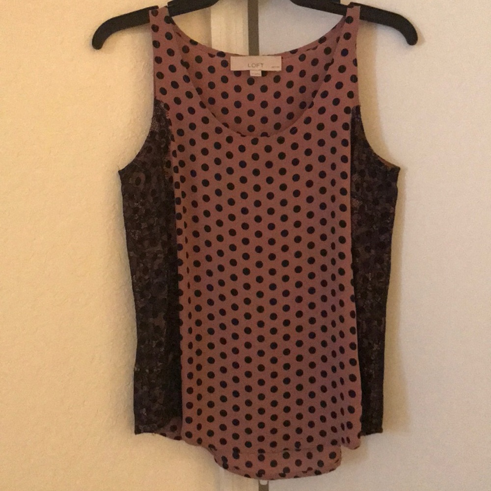 Loft tan & black polka dot sleeveless blouse
